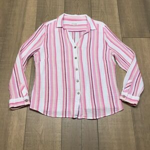 Habitat Escape Shirt Top Womens Size XL Pink Striped Cotton Button Long Sleeve‎